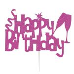 Festiko Glitter Hot Pink Happy Birthday Fun With Champagne Glasses Cake Topper For Birthday, Anniversary