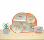 Babyhop Egg Pattern Bamboo Fiber 5 Piece Bamboo Fiber Kids Dinner Set With Sectioned Plate Bowl Cup Fork And Spoon For Baby Kids (6 36M)