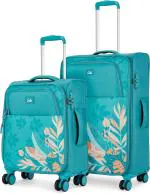Genie Bloom Trolley Bag Set of 2: Cabin 57cm + Medium 68cm Soft Side Travel Bag for Women, 8 Wheel Luggage Suitcase for Travelling with Expander and Complimentary Vanity Pouch, Teal