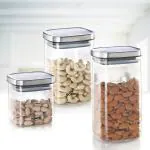 Borosil Classic Square Glass Jar, Air-Tight Storage Container for Kitchen, Glass Jar for Storing Spices, Dals, Grains, Rice, Set of 3 (600 ml, 1 L & 1.4 L), Clear