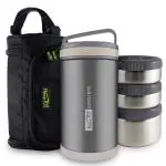 Home Puff Double Wall Vacuum Insulated Round Stainless Steel 3 Containers Lunch Box with Bag - 1700 ml