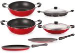 Nirlon Aluminium Red, Black Standard Nonstick Scratch Resistant Coating Cookware Set - Ft12Ctkd12Kd14Apac (Pack Of 6)