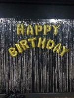 Festiko Birthday Combo Decoration Item (3Ftx6Ft Black Foil Curtains Set Of 1, Happy Birthday Golden Foil Balloons)