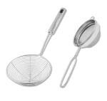 RJ ROJENO Stainless Steel Kitchen Cooking Tools - Pack of 2 - Deep Fry Strainer/Oil Strainer for Kitchen Jhara Puri and SS Tea Strainer(Mesh Type Tea Coffee Juice Filter with Handle)