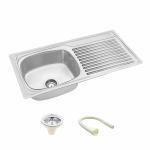 LIPKA 304-Grade Stainless Steel | Round Single Bowl Kitchen Sink with Drainboard (37x18x8) Inches | Glossy Finish with Waste Pipe & Sink Coupling