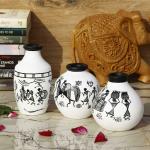 Vintage Gulley White 2 Terracotta Warli Hand Painted Pot (Set of 3)