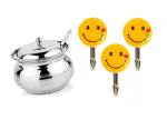 BLUE WONDER Stainless Steel Multipurpose Ghee Pot/Pickle Container with Spoon With 1 Set Smiley Hooks and (Multicolour, Pack of 2)