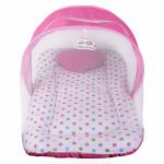 Superminis Pink Cotton Dot On White Base Design Bedding Set Thick Base, Foldable Mattress, Heart Shape Pillow And Zip Closure Mosquito Net (0-3 Months)