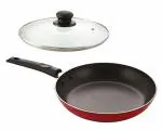 NIRLON Non Stick Coated Aluminium Red Color Tapper Pan/Omelette Pan/Fry Pan, 20 cm with Glass Lid