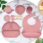 LITTLE CURIOUS Baby Feeding Set - Weaning Food Utensils for Kids with Suction Plates for Baby, Baby Bowl and Spoon Set, Bib, Snack / Sipper Cup, Baby Feeding All-in-One Combo - BPA Free Silicone - Dark Pink