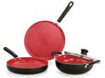 NIRLON Cherry Ceramic Coating Non-Stick Cookware 4Pcs Set|Dosa Tawa 26cm, Fry Pan 24cm, Kadhai 24cm|3Ltr with Glass Lid|Induction Bottom and Bakelite Handles|PFOA & Heavy Metals Free|Dishwasher Safe