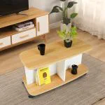 Kawachi Wooden Centre Coffee Tea Table Living Room Storage Shelf Sofa Side Table with Wheels Beige