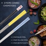 Hichaki 3 Pairs Metal Stainless Steel Chopsticks & Alloy White Chopstick - Reusable Chop Sticks for Noodles Sushi Hotpot Square Grip to Hold Food Perfectly Lightweight Korean Chinese