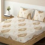 HOKIPO Printed Elastic King Size Fitted Bedsheet, 78x72 inches with 2 Pillow Cover, Latte Brown Damask (IN-695-D3)