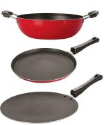 Nirlon 3 pcs of Red, Black 3 Layer Non-stick Aluminium Coated Kitchenware Essential Combo Set with Bakelite Handle Standard