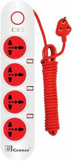 R3 German 4+4 Spike Guard with LED for Home Office Computer Multiple Socket Board 10 mtr 4 Socket Extension Boards (White, Red)