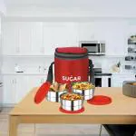 Sugar Homeware Cilindro stainless steel insulated lunch box tiffin carrier bag set of 3 blue for school office college travel gifting red