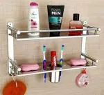 Nalix Stainless Steel 2 Layer Wall Mounted Bathroom Rack and Shelf Bathroom Storage Racks and Shelves Washroom Basin Double Soap Dish and Tumbler Holder Soap Holder Bathroom Accessories