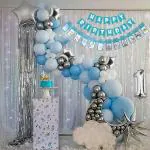 SpecialYou.in 1 Year Happy Birthday Decoration Items for Boys with Pastel & Dark Blue, Metallic Silver, White Balloons, Silver Fringe Curtain, Star and One No. Foil Balloons, HBD and Monthly Banner- Set of 70pcs