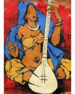 DECOR ADVENTURES Lady with Sitar by M.F. Husain Wall Painting 16 x 21 inch