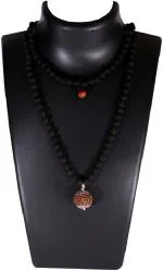 Shivoham 6 Mukhi Guru Mani Bead 5 Mukhi Black Rudraksha Mala Silver Cap Lab Certified Wood Necklace