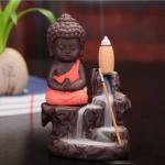 JIYANSH CREATION Mediating Monk Buddha Backflow Smoke Fountain Incense Holder / Incense Burner with 10 Free (Polyresin, Orange Color)