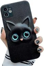 Fastship Colour Eye Cat soft Kitty Case Back Cover for APPLE iPhone 12 mini | Faux Leather Finish 3D Pattern Cat EYES Case Back Cover Case for iPhone 12mini - Black