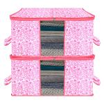 Kuber Industries Underbed Storage Bag|Non-Woven Leaf Print Blanket Cover|Razai Cover|Duvet Cover Transparent Window & Handle|Large|Pack of 2 (Pink)