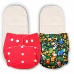 Deedry Oeko-Tex Certified Unisex Baby Cloth Diapers Washable & Reusable Diapers with Adjustable Snap Buttons 3 Months- 3 Years 1 Red & 1 Print Diaper+ 2 Inserts/Pads