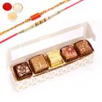 Rakhi Sweets-White printed 5 bites box with assorted bites with 2 Rakhis