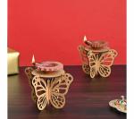 Diya Stand Wooden Butterfly Deepam Stand Handcrafted Diya Set For Pooja Decoration Items Also Candle And Lanterns Diwali Decoration Items For Home Decor Mandir And Temple Decor (Bamboo - Pack of 2)