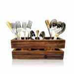 HOMEPRIVILEZ Nora Karat Like Gold Plated Cutlery Set with Handcrafted Wooden Stand - 18Pcs (6 Dinner Spoon, 6 Dinner Forks and 6 Teaspoon with Wooden Stand)