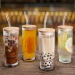 NIYA TRENDZ Drinking Glasses Tumbler Set of 1 with Bamboo Lids and Straws, Clear Fluted Textured Vertical Stripe Glass Sipper Iced Coffee Cups for Cocktail, Beverage