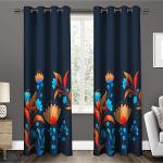Amazures Blue Color Flower Design 3D Digital Printed Polyester Eyelet Shilhouette Curtain - 4 x 9 feet (Pack of 4)