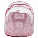 Superminis Pink Cotton Heart Print Baby Bedding Set With Pillow And Mosquito Net - Foldable Mattress, Printed, Double Side Zip Closure For New Born (6-12 Months)