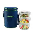 Borosil Klip-N-Store Borosilicate Glass Lunch Box Set of 3 (400 ml Each) With Lunch Bag, Round, Lunchbox For Office & College, Microwave Safe, Leak Proof, Blue
