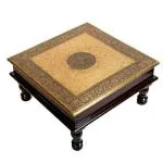 Lucky Art Square Shape Wood Chowki | Brass Work Pooja Bajot Stool | Home Decor Sitting Table (Goldcolor_18 X 18 X 6 Inches)