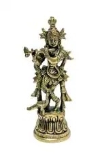 athizay Krishna with Peacock Antique Golden Brass Metal Statue (17x6.5x5 cms) for home and office.