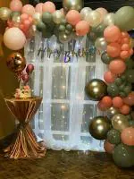 SpecialYou.in Birthday Decoration Grey And Pink DIY Combo Kit With White Net Curtain Cloth And Fairy Lights For Girls (Pack of 71)