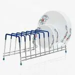 Plantex Stainless Steel Plate Stand or Utensil Rack or Lid Organizer Rack (10 Plates - Chrome)