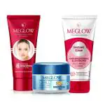 Meglow Skin Care Combo Pack of 3-Gold Bleach cream (50g)|Face Cream For Women (50g) with Aloevera Extracts & Vitamin E|Instant Glow Face Wash (70g)+Skin Brightening and Luminizing for Radiant Skin
