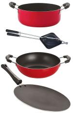 Nirlon 4 pcs of Red, Black Non-stick Aluminium Kitchen Cookware Set with Bakelite Handle Standard