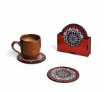 Future Works Coaster Set of 6 Beautiful Wooden Coasters with Proper Coaster Stand Designer Coaster Set Fit for Tea Cups, Coffee Mugs and Glasses (Round and Designer 3.5 X 3.5 Inch) (Black)