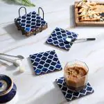 DULI Set of 6 Square Wooden Blue Paan Coaster with Stand 4x4 Inches