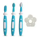 LuvLap Baby 3 Stage Training Toothbrush Set with Anti-Choking Shield, Baby Oral Hygiene Kit, BPA Free, Ideal for Teething Infants & Toddlers, Includes Stage 1, 2 & 3 Brushes (Blue)