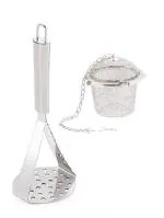 Stainless Steel Potato Masher With Stainless Steel Green Tea Filter and Multicolour, Pack of 2
