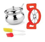 Stainless Steel Ghee Dani or Ghee Pot With Stainless Steel Deep Fry Strainer and Multicolour, Pack of 2