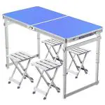 Corvids Multipurpose Aluminium Folding Table with 4 'Aluminium' Chairs & Carrying Handle, Height Adjustable Table for Camping & Hiking, Outdoor & Indoor Picnic (4ft, Blue)