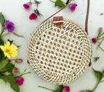 DISHA ENTERPRISE_Handcrafted Cane/Rattan Round Sling Bag/Handbag/Beach Boho Bag/Shoulder Sling Bag with Jali-Top Design (8 Inches x 8 Inches x 3 Inches)