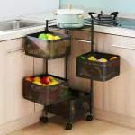 YASH Marketing 4 Layer Kitchen Rotating Trolley Portable Storage Rack Square Design Fruits & Vegetable Onion Cutlery, Spice,Jars Container Basket Organizer Holder Stand for Kitchen -(Black,Pack of 1)